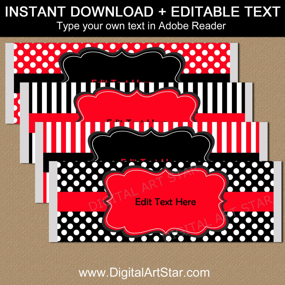 Candy Bar Wrappers Birthday, Red and Black Chocolate Bar Wrappers