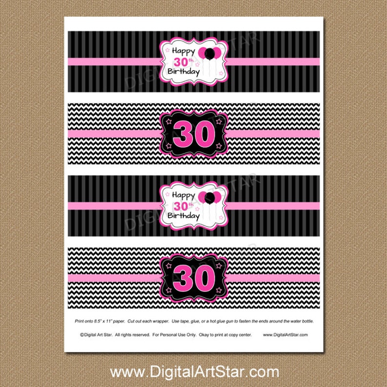 Water Bottle Labels Pink Black 30th Birthday Drink Labels 30th Bday Water Bottle Wraps Birthday Party Printables, Birthday Party Decor image 2