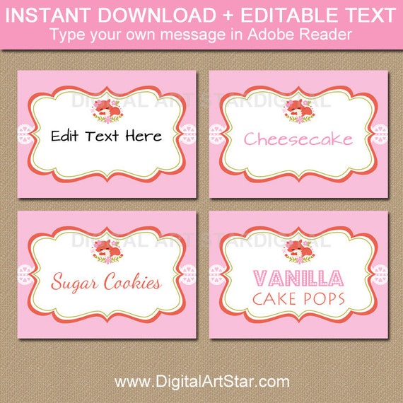 Food Tent Labels 8 desings 50/% OFF SALE Girl Baby shower Girl Baby-Welcome party Instant Download Blank