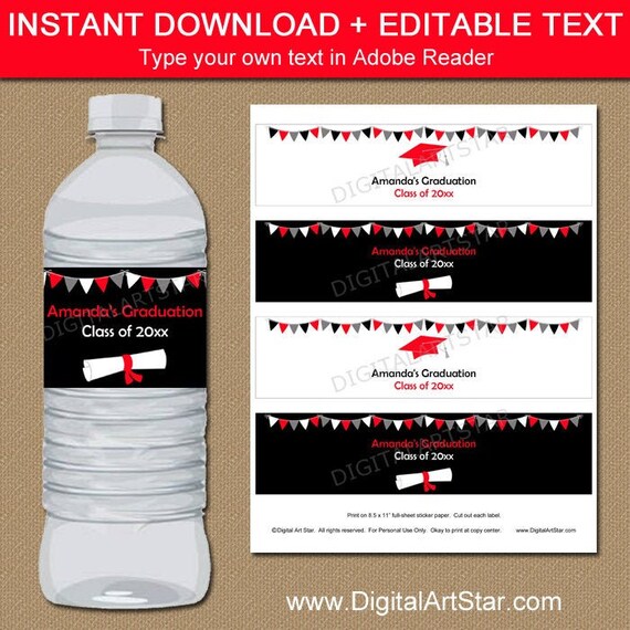 Editable Graduation Water Bottle Labels 2021 - Black and Red Graduation Water Bottle Stickers Template - Graduation Decorations 2021 G7 Il_570xn