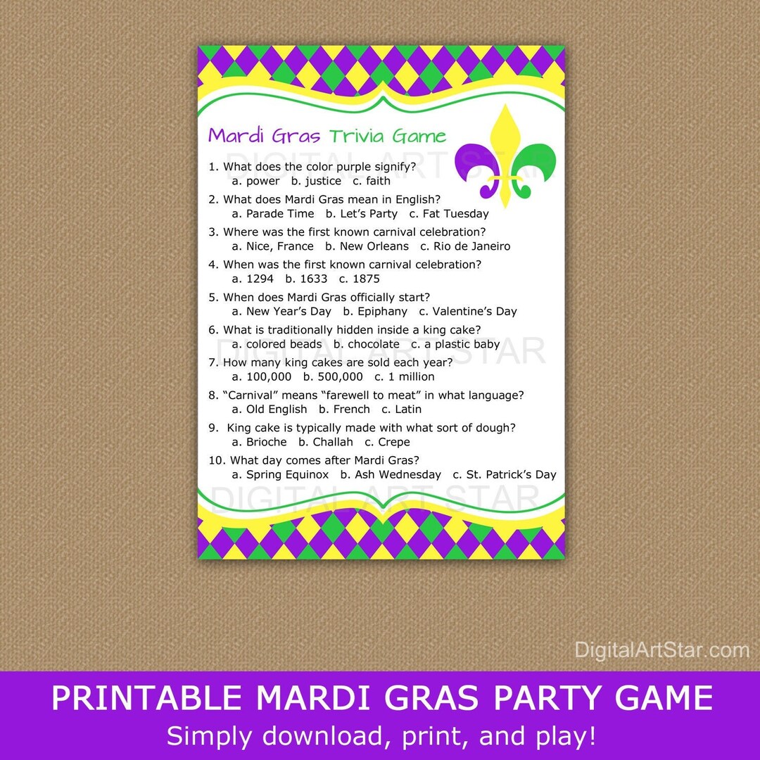 Mardi Gras Trivia Game for Groups, Mardi Gras Game Printable, Mardi ...