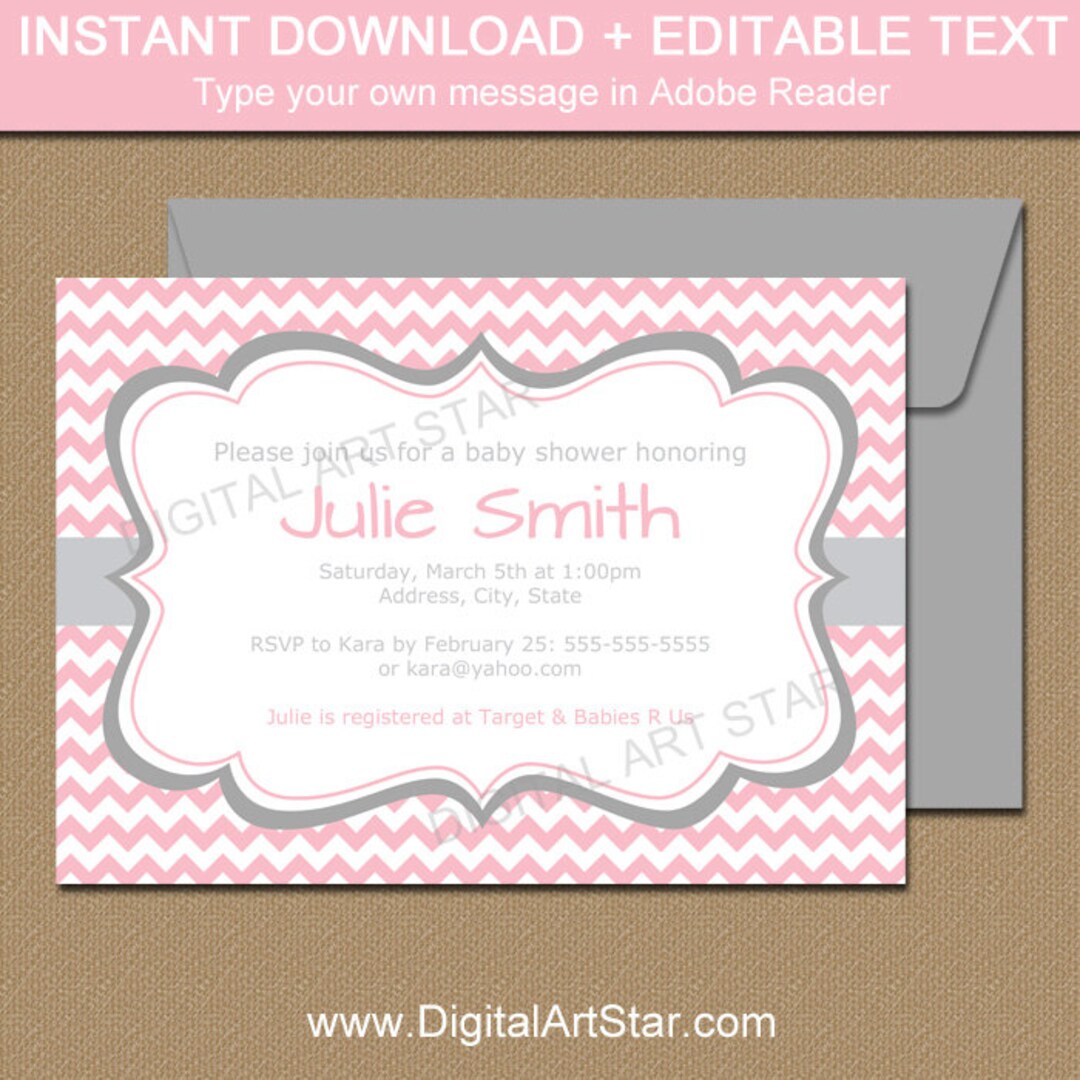 Pink and Gray Baby Shower Invitation Template EDITABLE Baby Shower