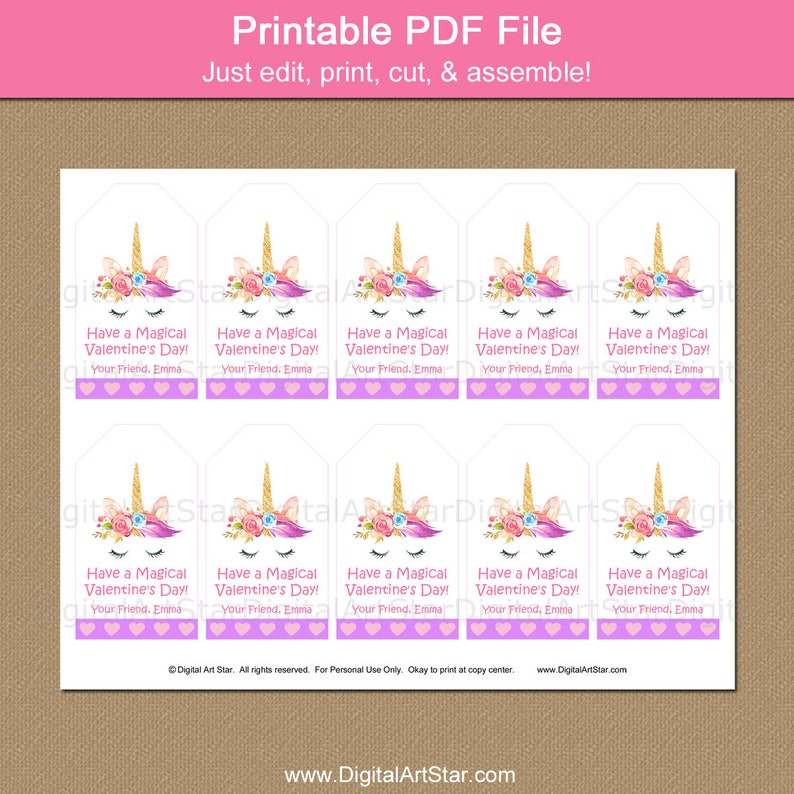 Valentines Day Tags Printable Unicorn Valentine Tags Instant Download, Editable Valentine Template, Unicorn Valentine Personalized for Kids image 2