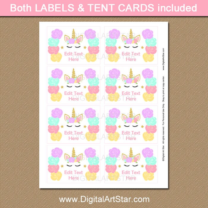 Unicorn Food Labels Unicorn Food Tents Unicorn Food Tags | Etsy