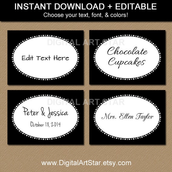 Black And White Buffet Cards Editable Printable Labels Tent Cards