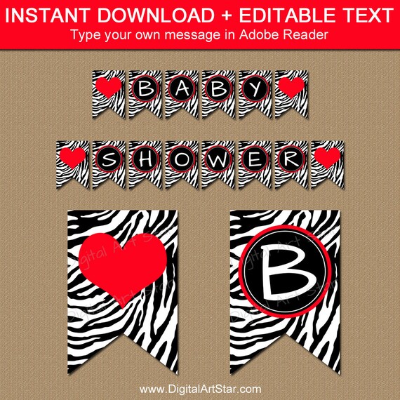 Printable Valentines Day Banner Template, EDITABLE Red & Black Valentine Party Decor, Baby Shower Banner, Zebra Birthday Banner Photo Prop Il_570xn
