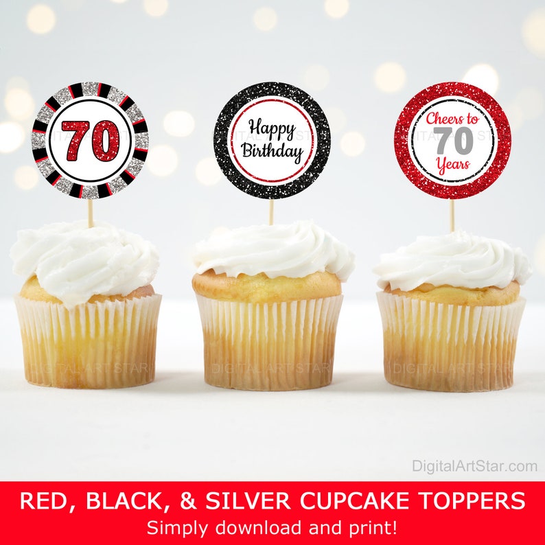 70th Birthday Cupcake Toppers Printable Red and Black Etsy