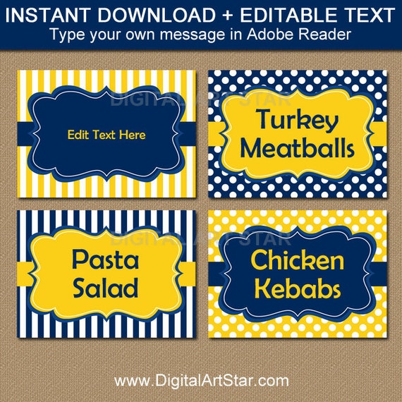 Food Labels For Baby Shower Navy Blue And Yellow Place Card Template Download Candy Buffet Labels Food Tent Cards Name s Printable By Digital Art Star Catch My Party