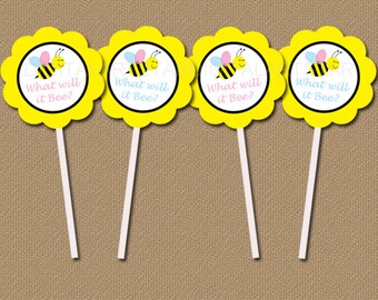 What Will It Bee Gender Reveal Cupcake Toppers, Printable Gender Reveal Decorations, Boy and Girl Gender Reveal Cupcake Picks, Party Ideas