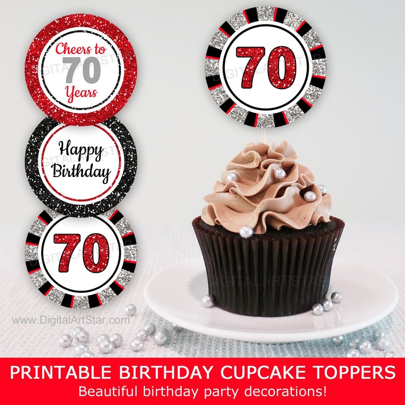 70th Birthday Cupcake Toppers Printable Red and Black Etsy