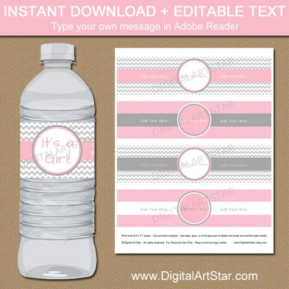 Printable water bottle Labels Stickers Gold Chevron labels for Bridal Shower Custom Editable Personalized DIY Label Sticker for Aquafina 500