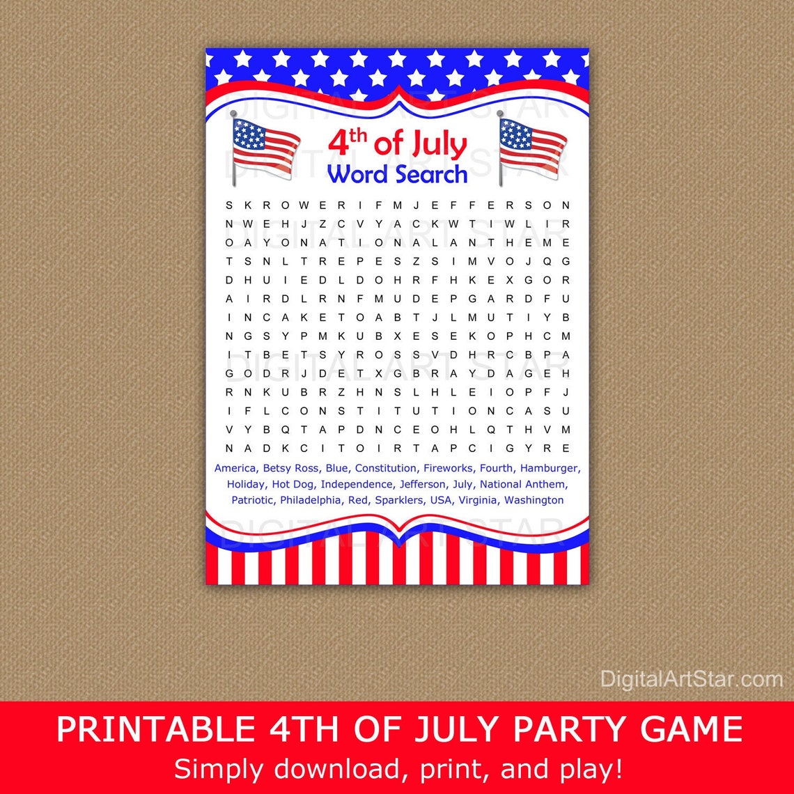 4th of July Word Search Game Printable Word Search Puzzles - Etsy