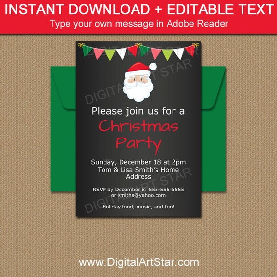 Printable Santa Invitation - Christmas Chalkboard Invitation - Christmas Party Invitation Template - Holiday Party EDITABLE Santa Invite C2 Il_570xn
