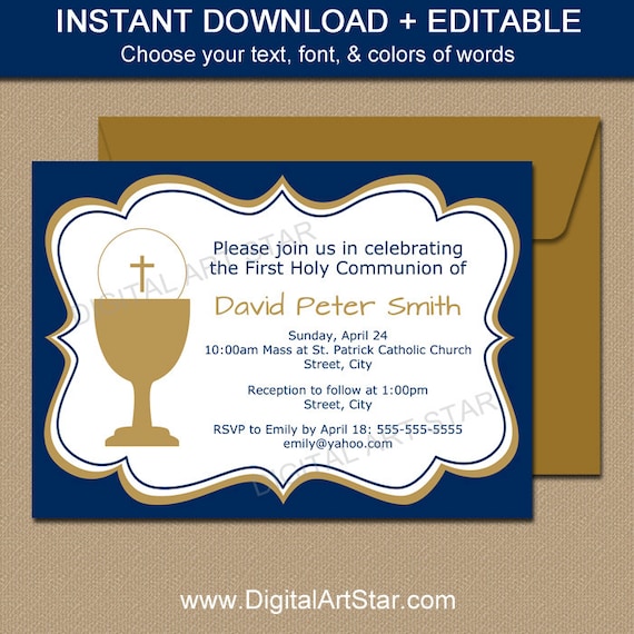 first communion invitation template editable navy gold etsy first communion invitations template