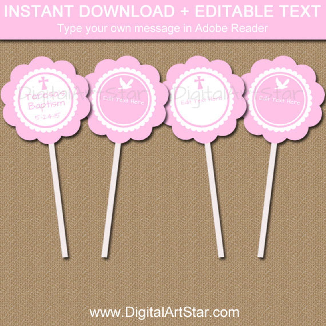 Pink Baptism Cupcake Toppers Printable Baptism Party Decor - Etsy