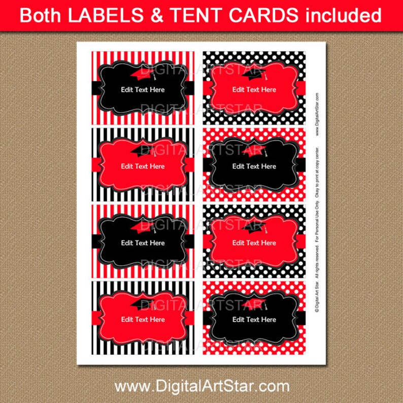 Graduation Food Labels, Candy Buffet Labels, Name Cards, Food Tents, Graduation Label Template, Red Black White Dessert Table Labels G4 image 2