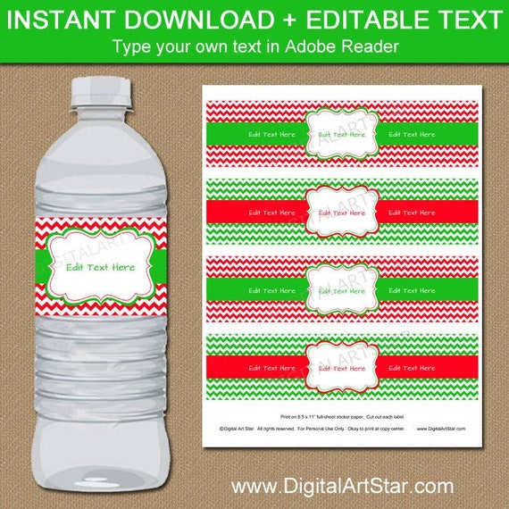 Printable Water Bottle Labels Christmas, Holiday Water Bottle Labels Template, Red and Green Christmas Party Decorations, Bottle Stickers C4 Il_570xn