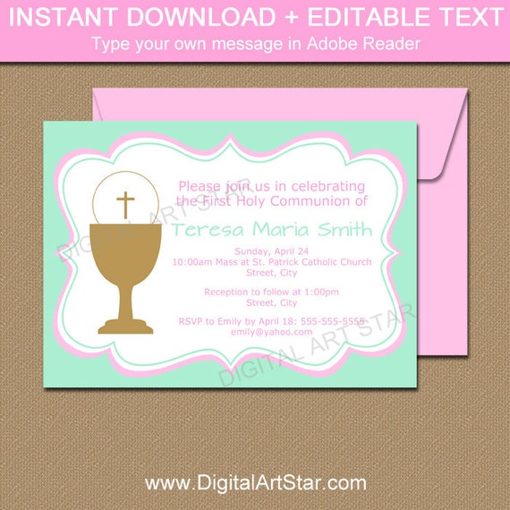 Girl Communion Invite Pdf Mint Pink Holy Communion Invitation