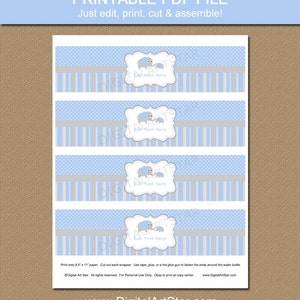 Elephant Party Water Bottle Labels Blue Grey EDITABLE Template Downloadable Water Labels Boy Baby Shower Party Decorations Printable image 2