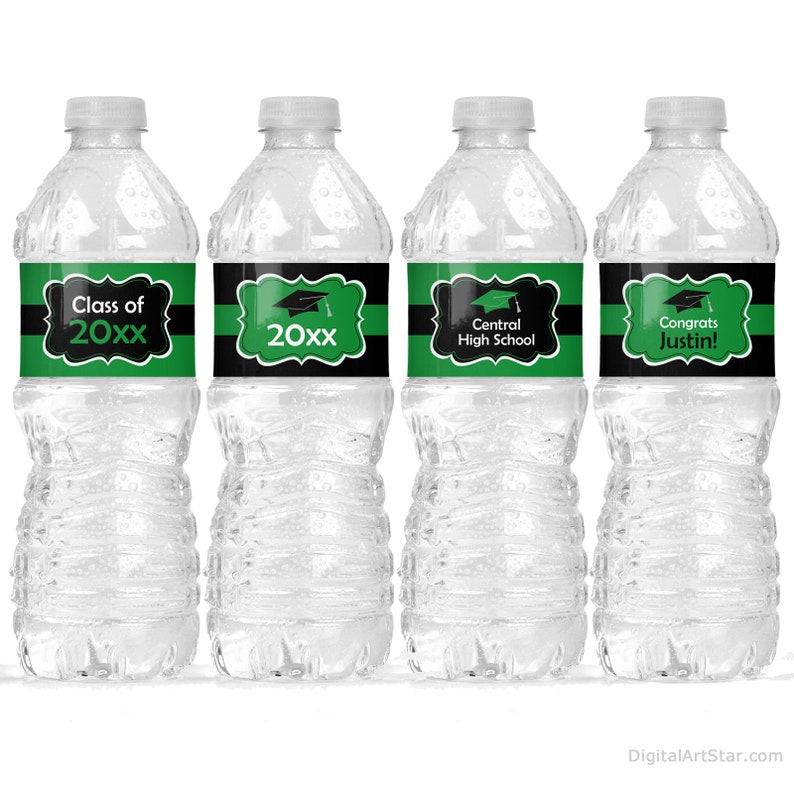 Graduation Water Bottle Labels Printable, Kelly Green Graduation Party Decorations Class of 2024 Water Bottle Wraps, Editable Download G1 image 2