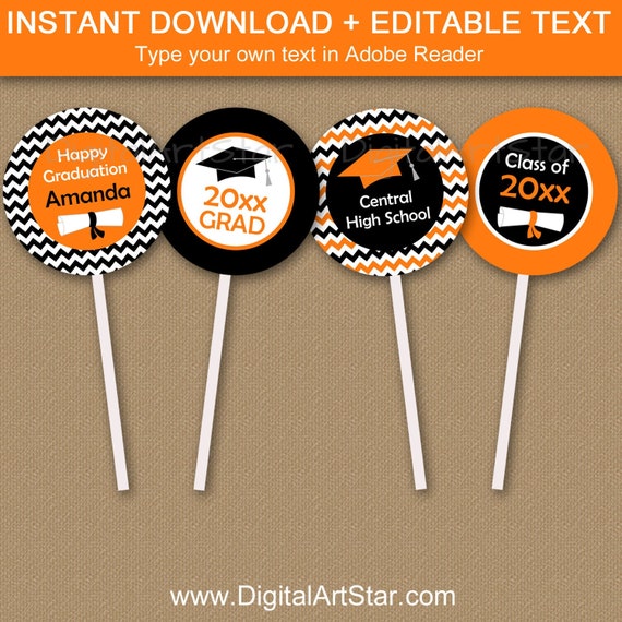 Orange and Black Graduation Decor - Graduation Cupcake Toppers Printable - EDITABLE Graduation Cupcake Picks - Graduation Printables G3 Il_570xn