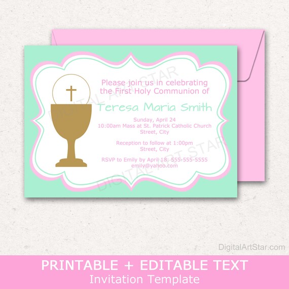 Printable 1st Holy Communion Invitations Editable, First Holy Communion Party Supplies, First Communion Girl Invite Downloadable FC1 Il_570xn