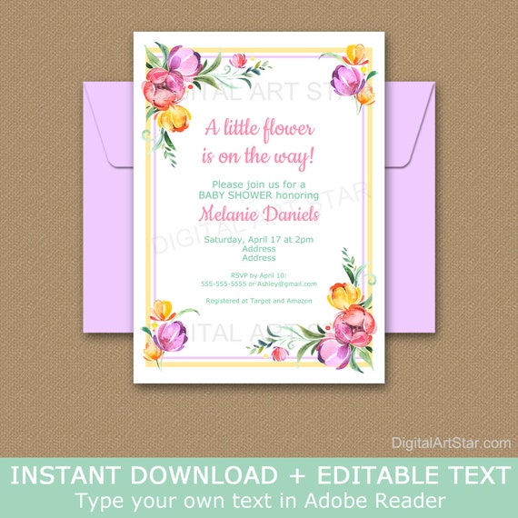 Spring Baby Shower Invitation Template - Floral Baby Shower Invitation Girl - Downloadable Baby Shower Invites - Baby Shower Printables Il_570xn