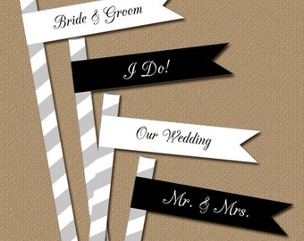 INSTANT DOWNLOAD Wedding Black and White Straw Flags / Modern Printable DIY Flags / Bridal Shower