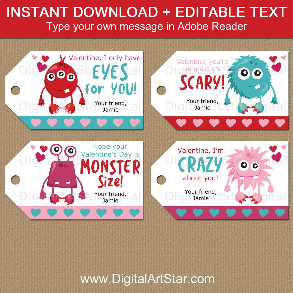 Monster Valentine Printable Tags Kids Valentines Day Gift - Etsy
