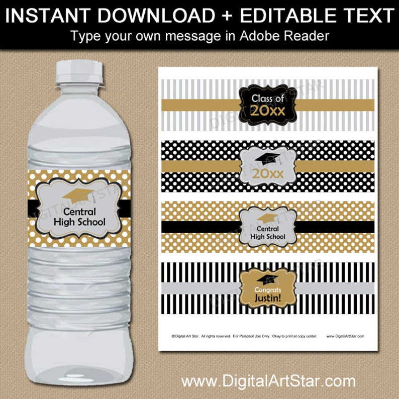 Black Gold Silver Commencement H2o Bottle Labels, Printable Bash Decorations, Editable Faculty Commencement Drinking water Labels Prompt Down load G4 picture about Water Bottle Labels Printable referred to as Black Gold Silver Commencement H2o Bottle Labels, Printable Bash Decorations, Editable College or university Commencement H2o Labels Fast Obtain G4