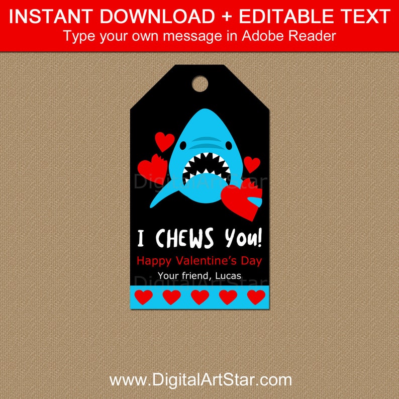 Instant Download Valentine Gift Tags, Valentine's Day Tags, Editable Valentine Tags, Shark Valentine Printable Tags, Hang Tags, Favor Tags image 1