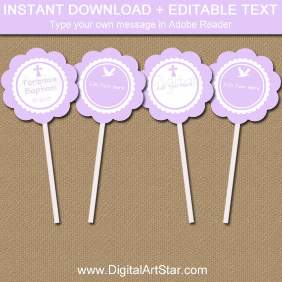 Lavender Baptism Cupcake Toppers, Lavender Christening Cupcake Picks