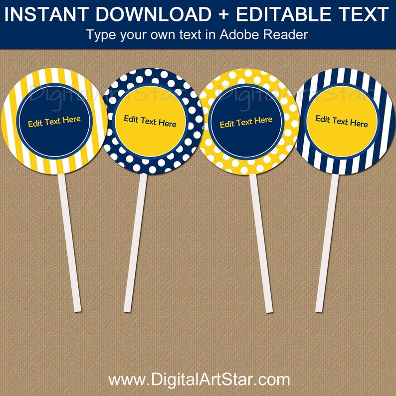 Navy and Yellow Cupcake Toppers Personalized, Birthday Party Decorations, Boy Baby Shower Decorations, Cupcake Picks Printable Editable B3 image 1