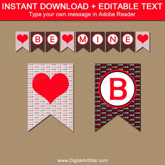 Valentines Banner Printable, Valentine Decorations, Love Banner, Heart