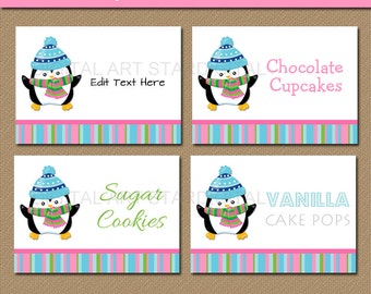 Penguin Labels - Printable Penguin Food Tags - EDITABLE Penguin Buffet Cards, Candy Buffet Labels, Place Cards - Winter Birthday Labels