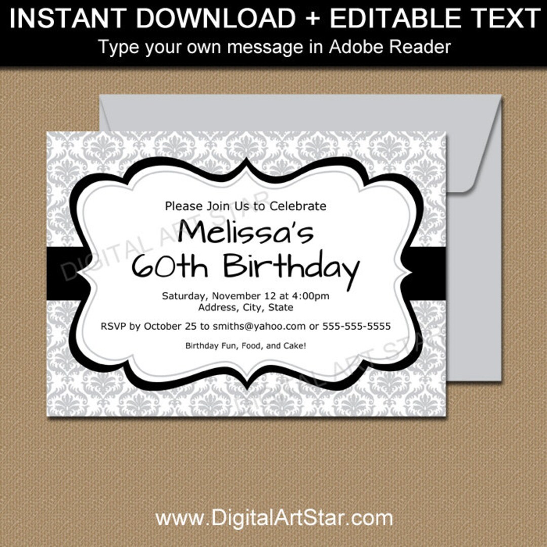 Printable Silver Invitation Template, Party Invitations, Digital ...
