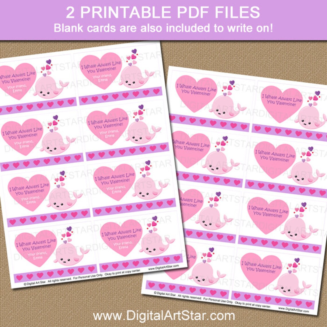 Whale Valentine Card Printable Valentine Cards for Kids - Etsy