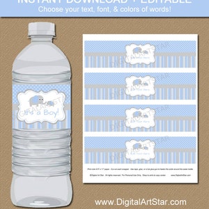 Étiquettes de bouteille d'eau de partie d'éléphant gris bleu modèle EDITABLE étiquettes d'eau téléchargeables décorations de partie de douche de bébé de garçon imprimables image 1