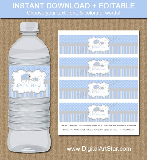 Elephant Party Water Bottle Labels - Blue Grey - EDITABLE ...