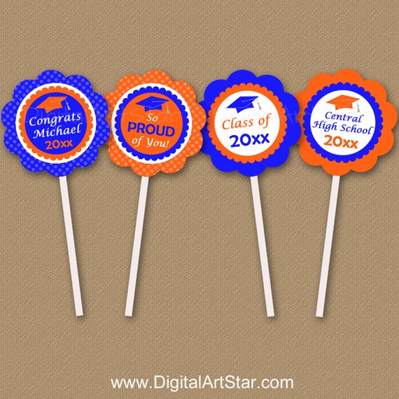Orange and Blue Graduation Decorations 2021 High School - Personalized Cupcake Toppers Printable - Cupcake Picks for College Graduation G6 Il_570xn