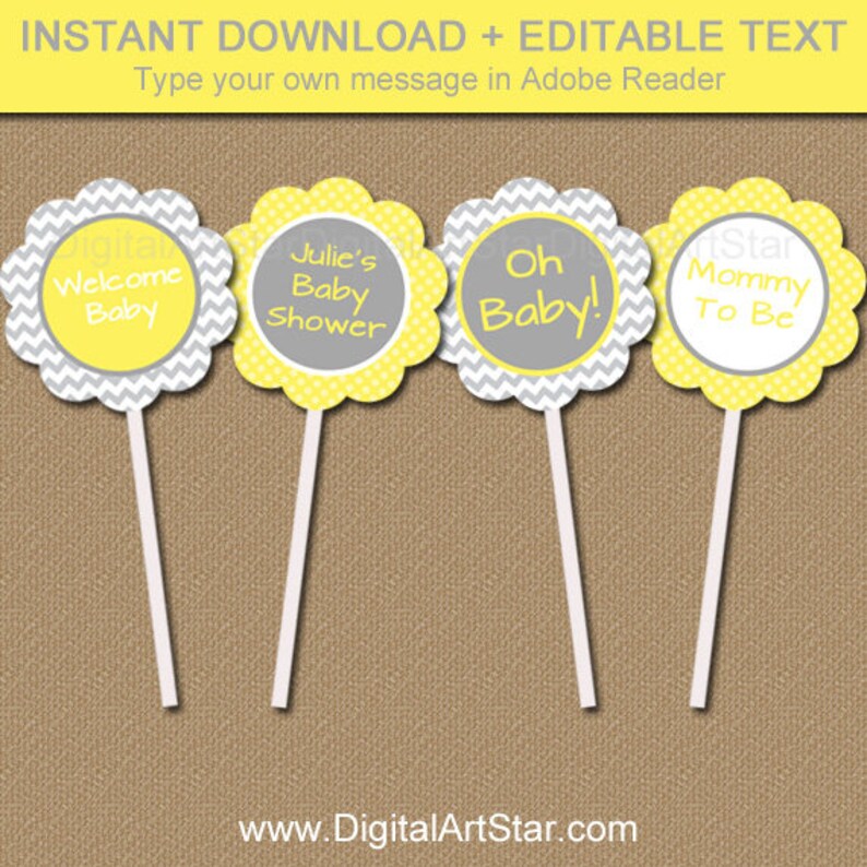 Yellow Gray Baby Shower Cupcake Toppers Printable Chevron Etsy Yellow Gray Baby Shower Cupcake Toppers Printable Chevron Etsy