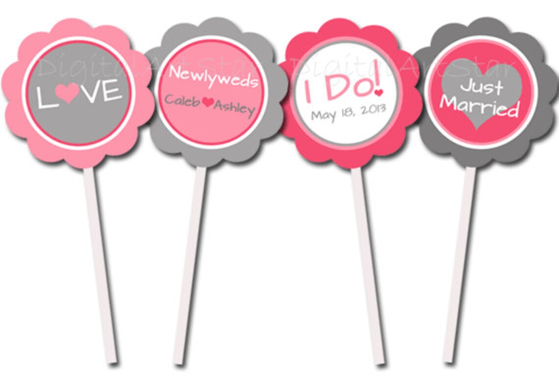 Personalized Wedding Cupcake Toppers Pink & Gray Printable Etsy