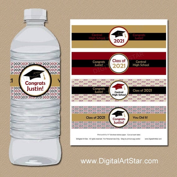 Graduation Party Decorations Burgundy Gold Black White, Graduation Water Bottle Labels Printable, High School Graduation Party Ideas G1 Il_570xn