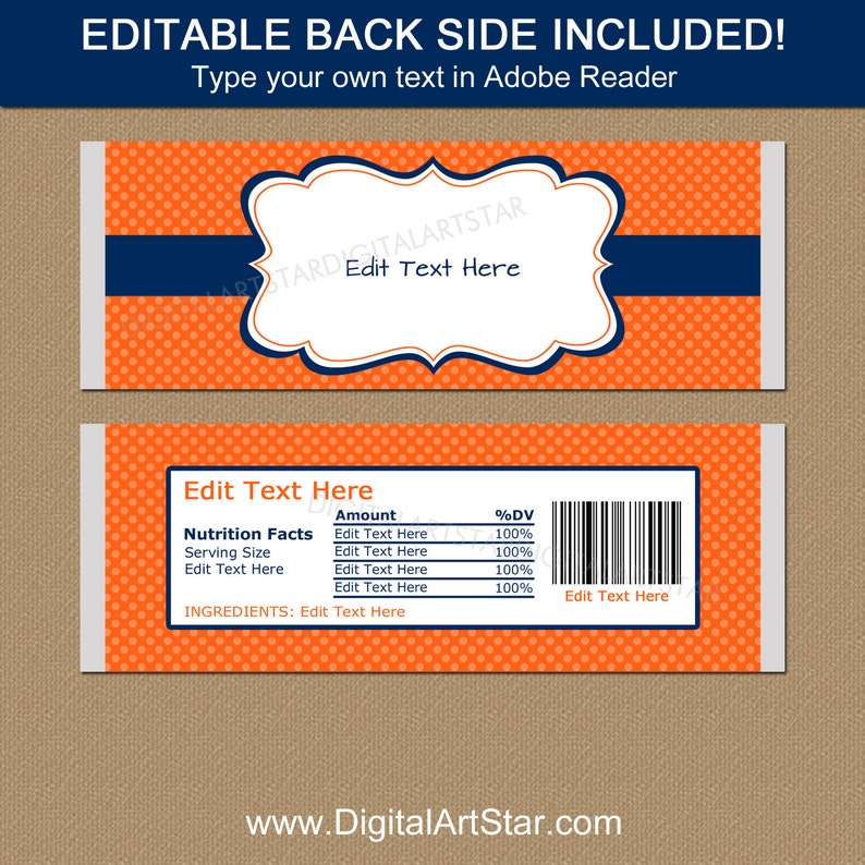 Navy Blue Orange Candy Bar Wrapper Template Chocolate Etsy