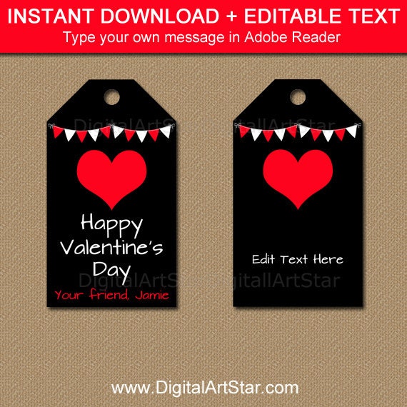 Instant Download Valentines Day Tags, Red Heart Tags, Valentines Day Gift Tags, Tags for Him, Black and Red Tags, Printable Tag Template V3 Il_570xn