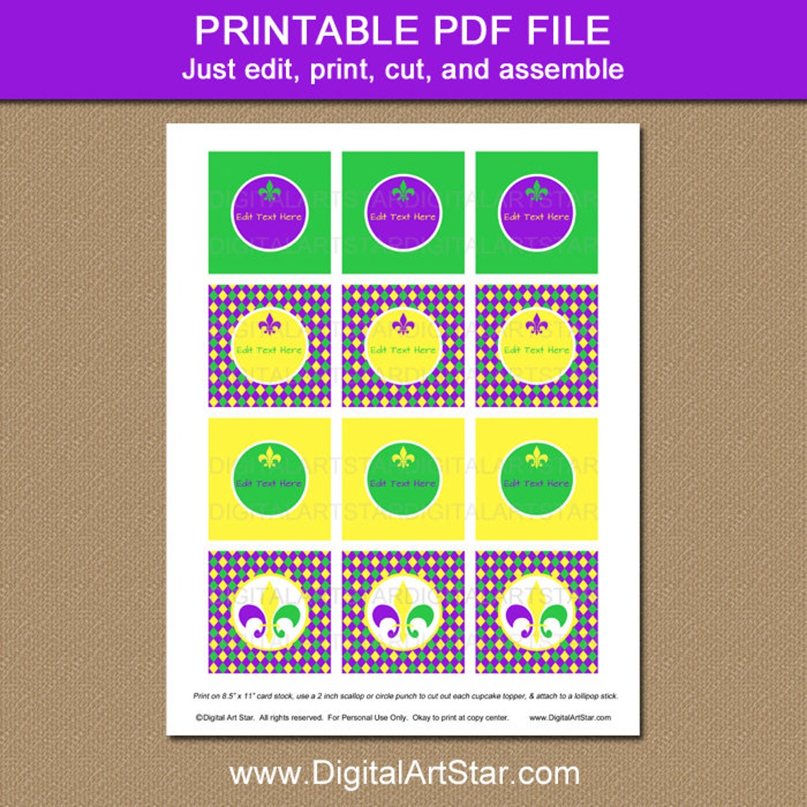 mardi gras birthday cupcake toppers