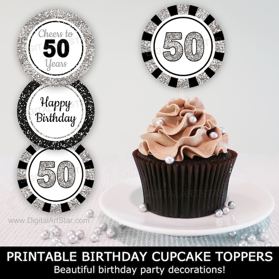 50th Birthday Cupcake Toppers Printable Black and Silver 50th - Etsy