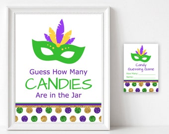 Guess How Many Candies Game, Printable Mardi Gras Game, Candy Guessing Game and Sign Template, Mardi Gras Guessing Jar Game Download M2