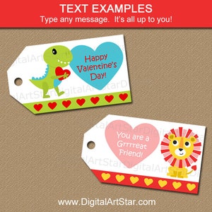 Classroom Valentine Tags Printable, Editable Valentine Tags, Kids Valentines Day Stickers, Dinosaur Valentine Tags, Lion Valentine Tags image 3