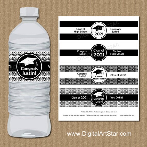 Black and White 2021 Graduation Water Bottle Labels, Graduation Party Decorations 2021, Printable Water Bottle Stickers Personalized G1 Il_570xn